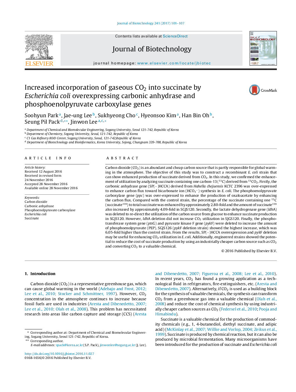 Increased incorporation of gaseous CO2 into succinate by Escherichia coli overexpressing carbonic anhydrase and phosphoenolpyruvate carboxylase genes