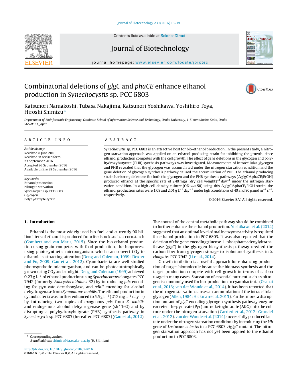 Combinatorial deletions of glgC and phaCE enhance ethanol production in Synechocystis sp. PCC 6803