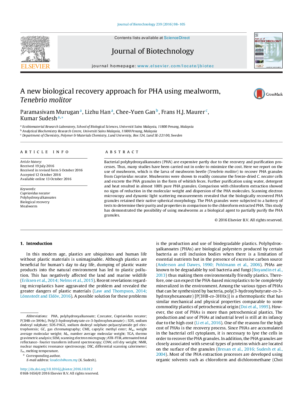 A new biological recovery approach for PHA using mealworm, Tenebrio molitor