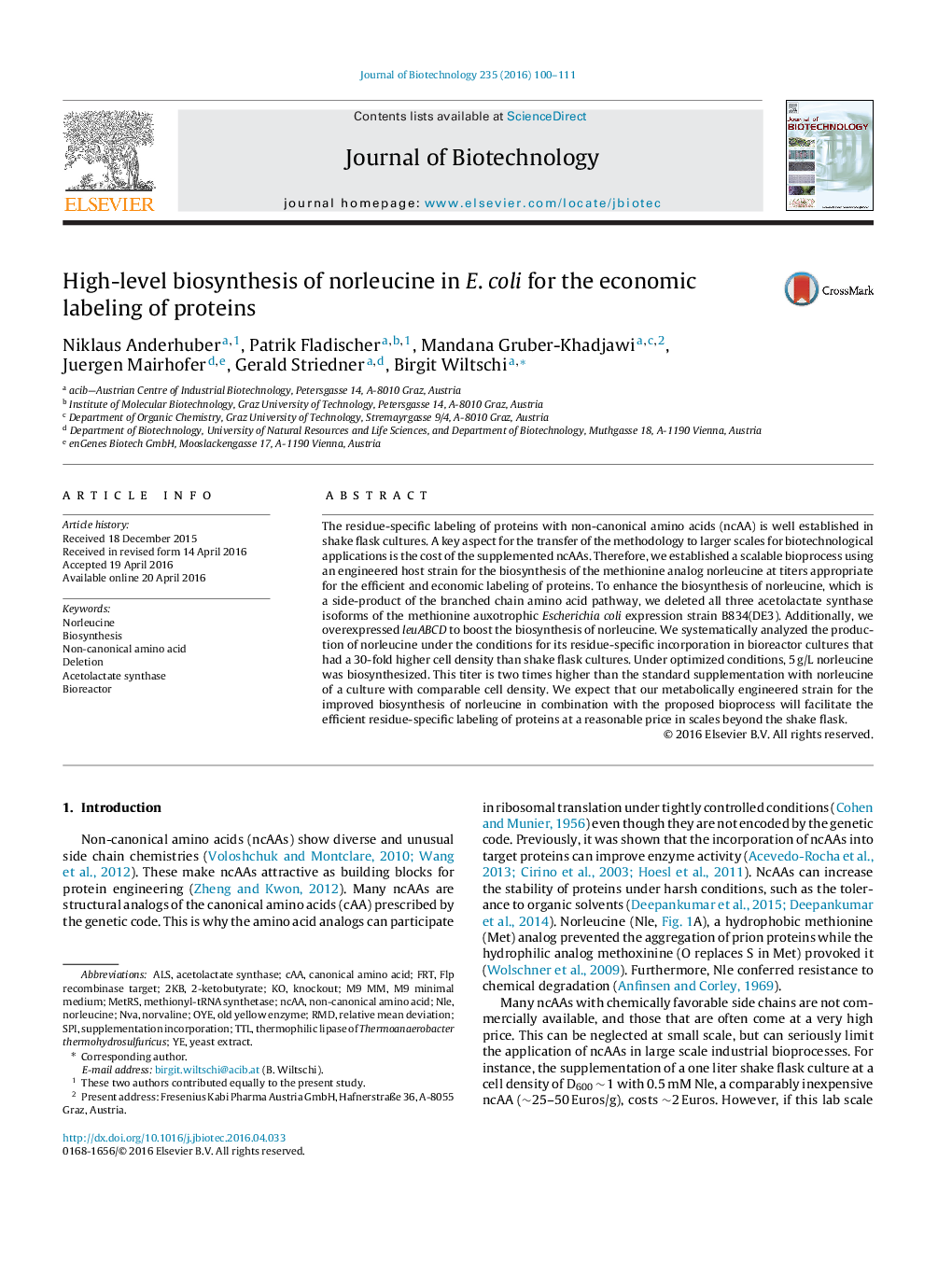 High-level biosynthesis of norleucine in E. coli for the economic labeling of proteins