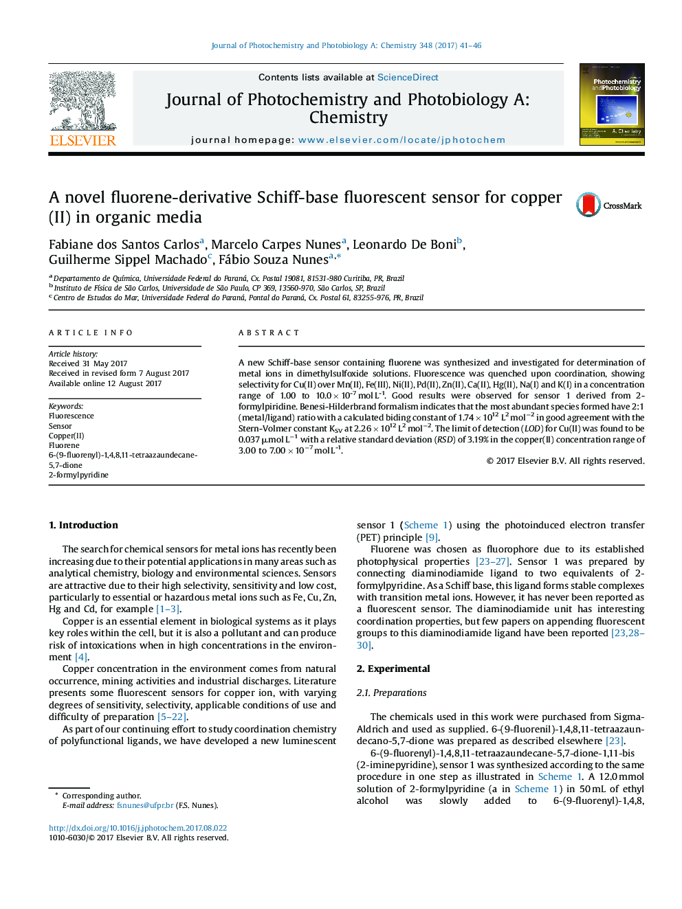 A novel fluorene-derivative Schiff-base fluorescent sensor for copper(II) in organic media