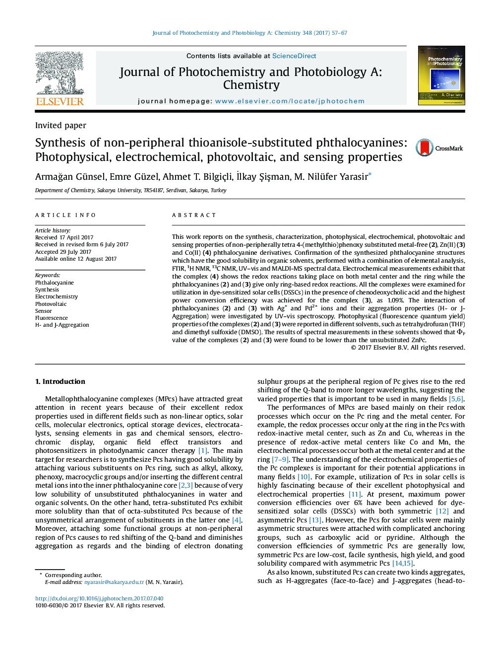 Invited paperSynthesis of non-peripheral thioanisole-substituted phthalocyanines: Photophysical, electrochemical, photovoltaic, and sensing properties