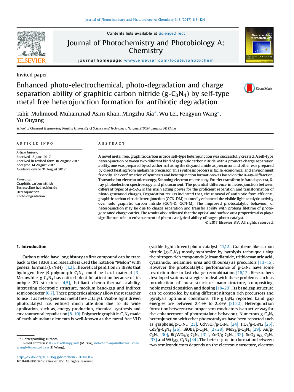 Invited paperEnhanced photo-electrochemical, photo-degradation and charge separation ability of graphitic carbon nitride (g-C3N4) by self-type metal free heterojunction formation for antibiotic degradation