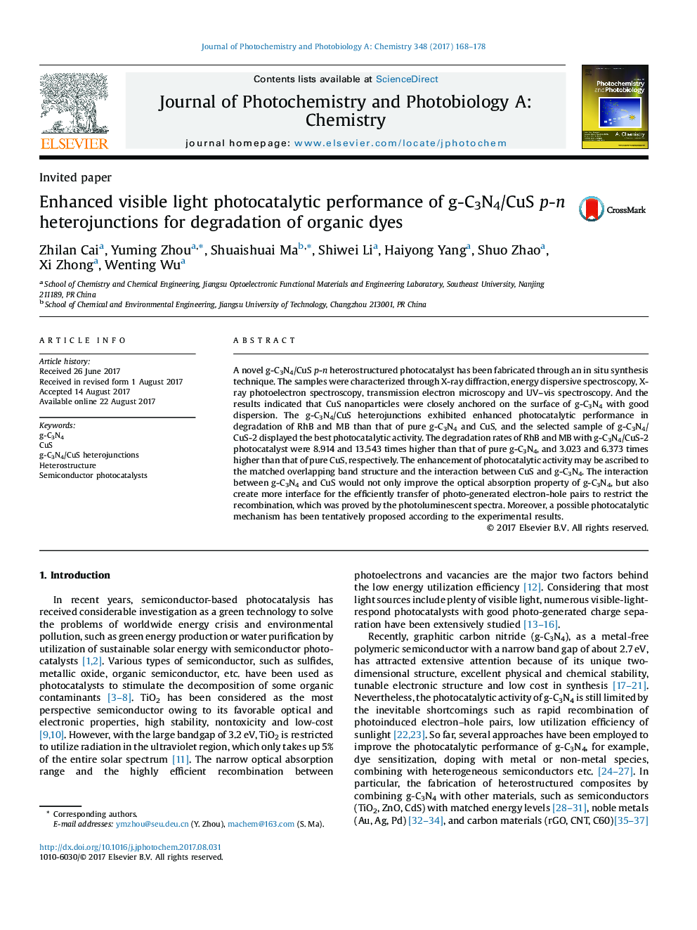 Invited paperEnhanced visible light photocatalytic performance of g-C3N4/CuS p-n heterojunctions for degradation of organic dyes