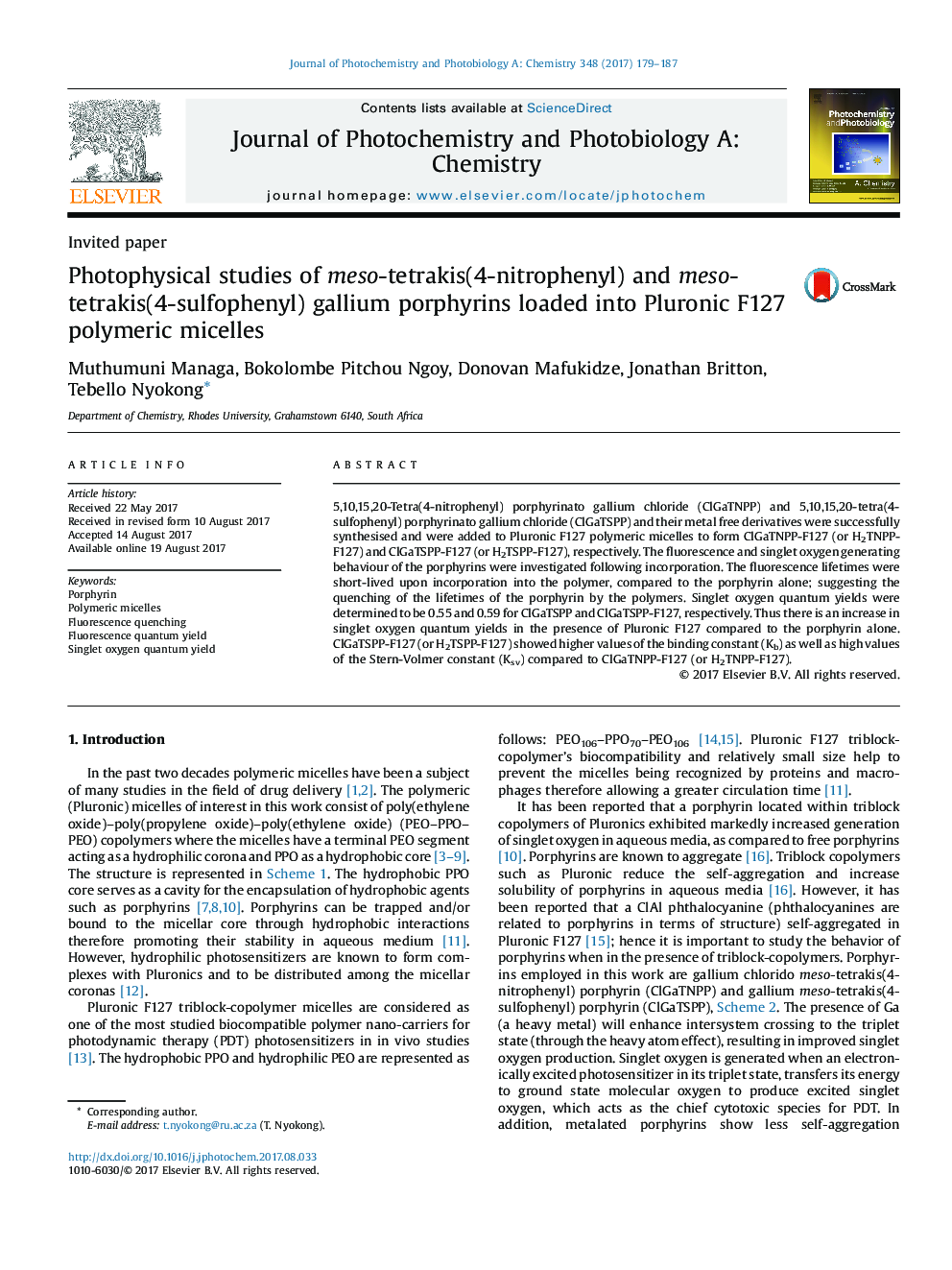 Invited paperPhotophysical studies of meso-tetrakis(4-nitrophenyl) and meso-tetrakis(4-sulfophenyl) gallium porphyrins loaded into Pluronic F127 polymeric micelles