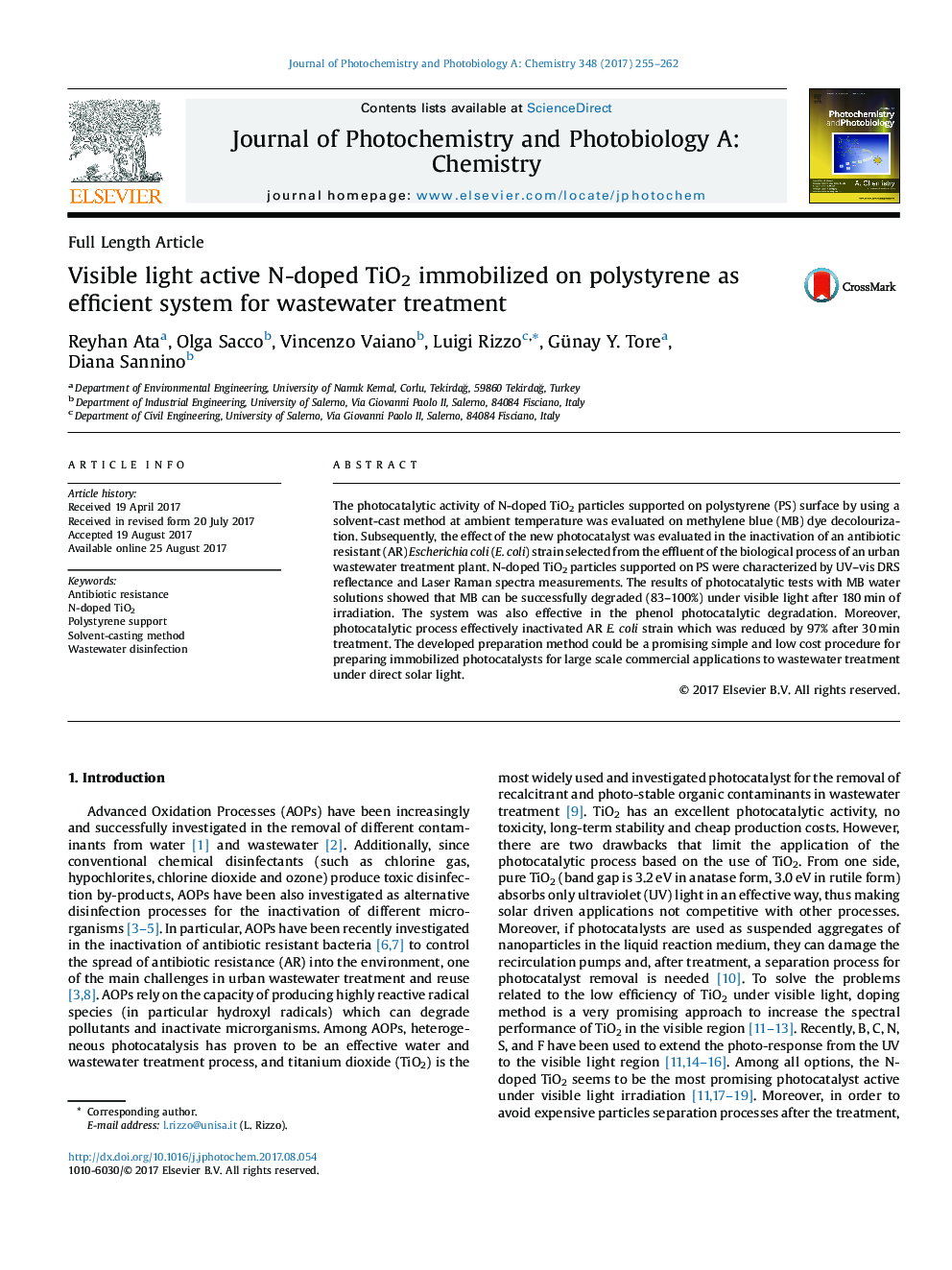 Full Length ArticleVisible light active N-doped TiO2 immobilized on polystyrene as efficient system for wastewater treatment