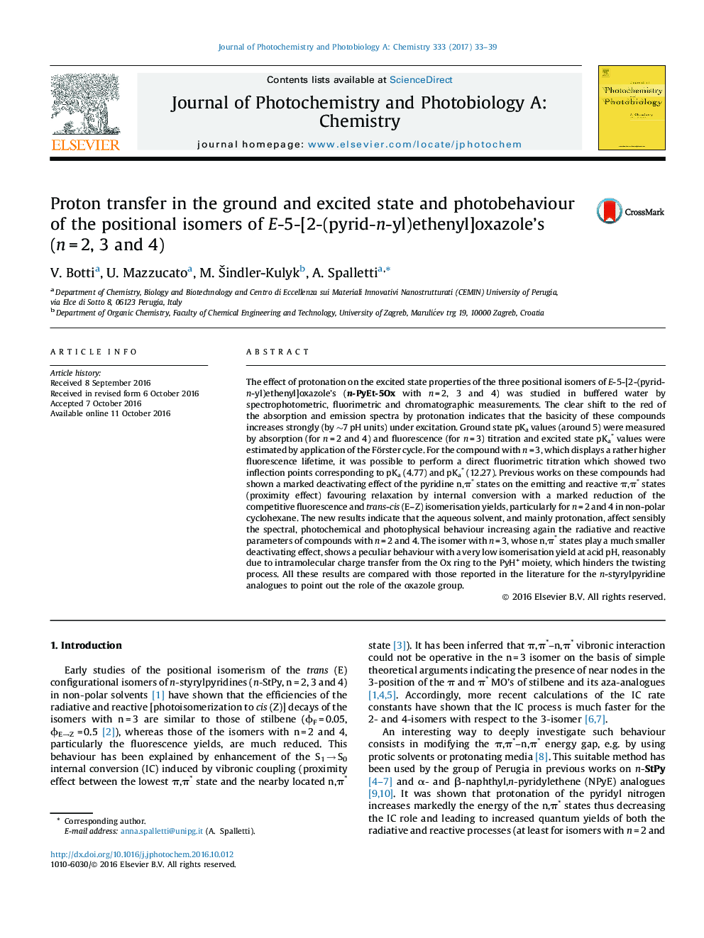 Proton transfer in the ground and excited state and photobehaviour of the positional isomers of E-5-[2-(pyrid-n-yl)ethenyl]oxazole's (nÂ =Â 2, 3 and 4)