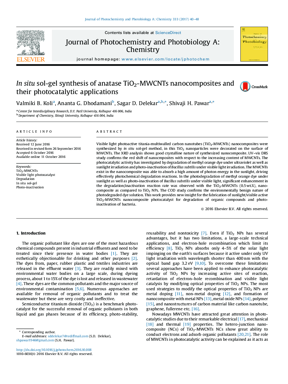 In situ sol-gel synthesis of anatase TiO2-MWCNTs nanocomposites and their photocatalytic applications