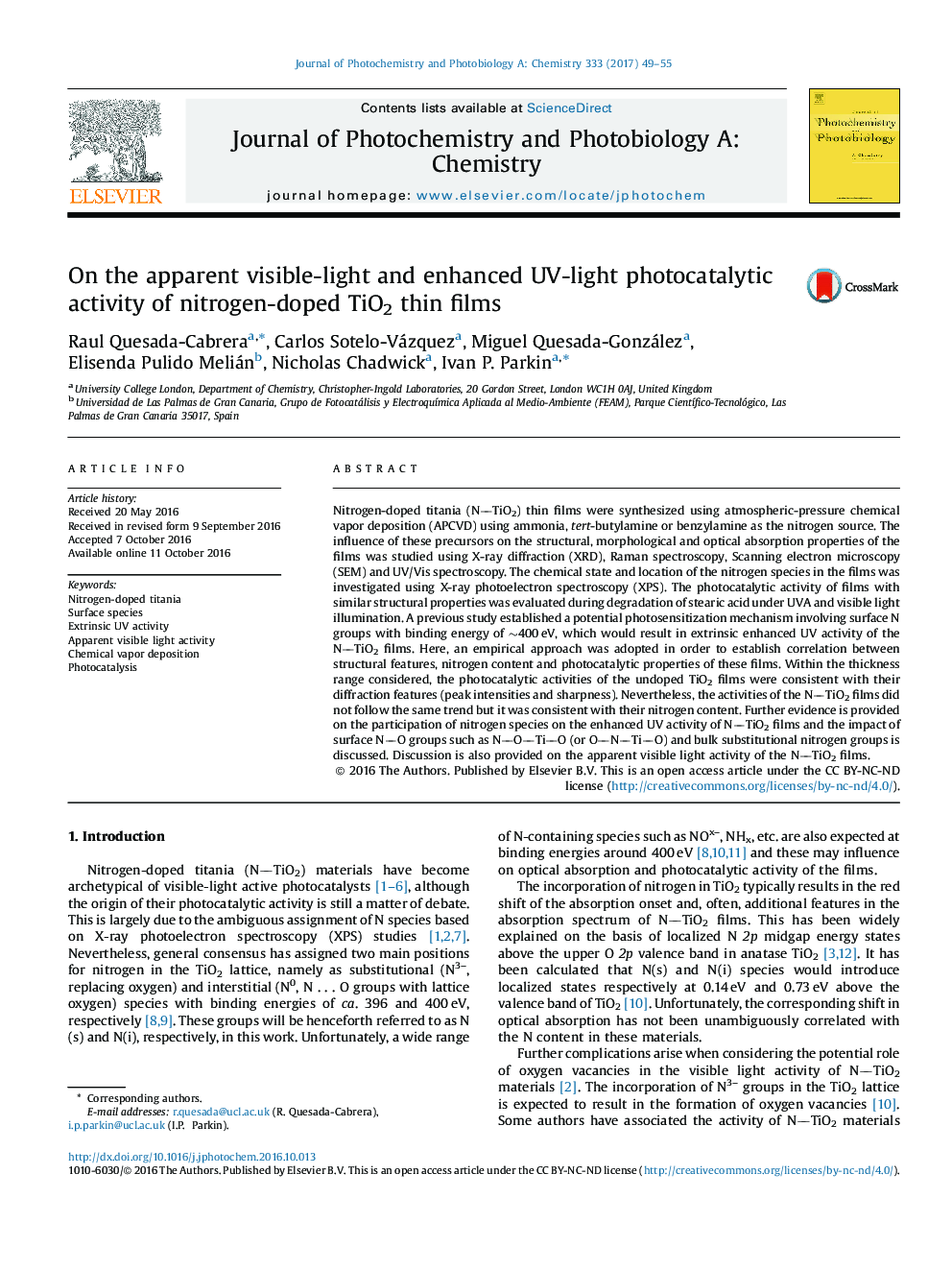 On the apparent visible-light and enhanced UV-light photocatalytic activity of nitrogen-doped TiO2 thin films