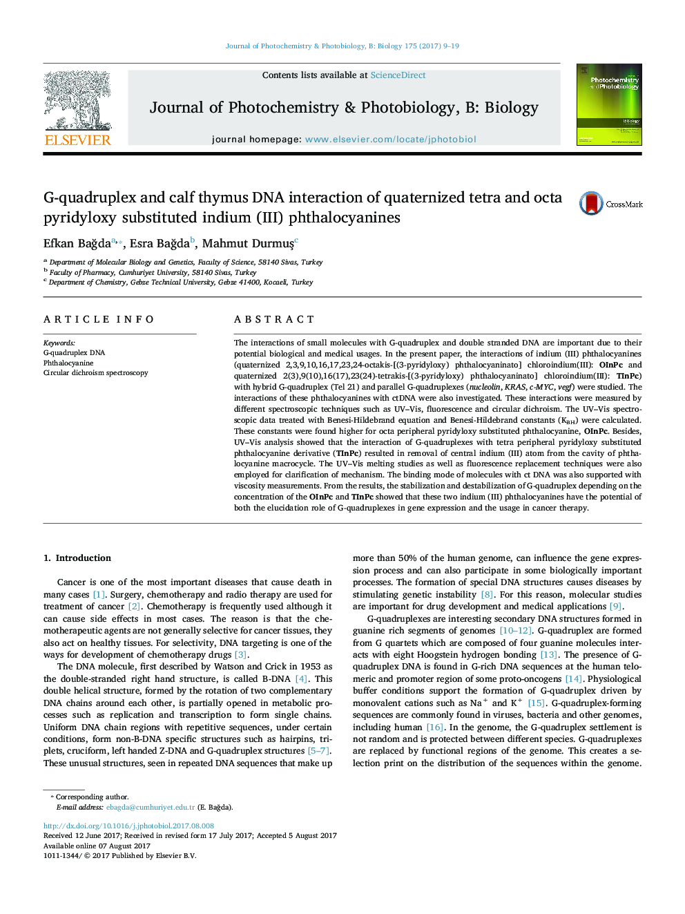 G-quadruplex and calf thymus DNA interaction of quaternized tetra and octa pyridyloxy substituted indium (III) phthalocyanines