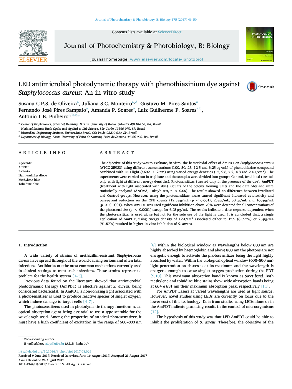 LED antimicrobial photodynamic therapy with phenothiazinium dye against Staphylococcus aureus: An in vitro study