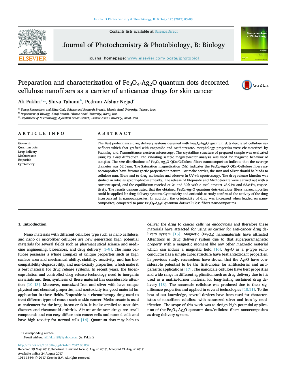 Preparation and characterization of Fe3O4-Ag2O quantum dots decorated cellulose nanofibers as a carrier of anticancer drugs for skin cancer