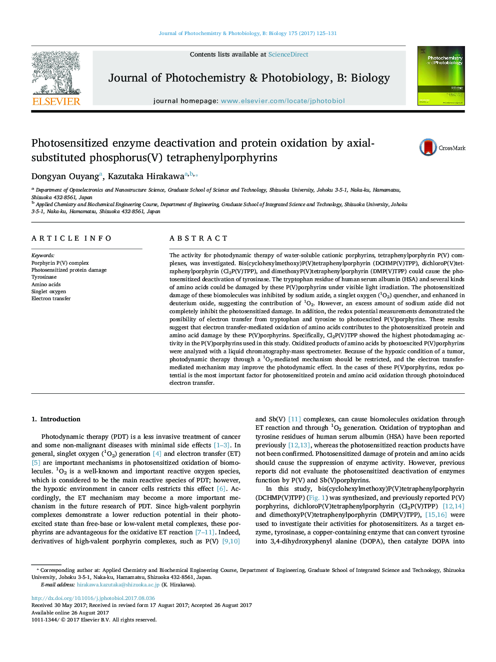 Photosensitized enzyme deactivation and protein oxidation by axial-substituted phosphorus(V) tetraphenylporphyrins