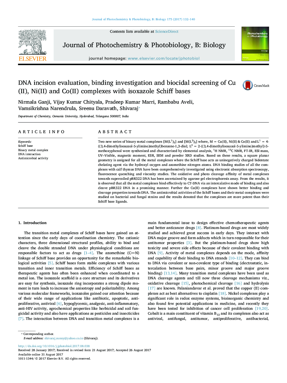 DNA incision evaluation, binding investigation and biocidal screening of Cu(II), Ni(II) and Co(II) complexes with isoxazole Schiff bases