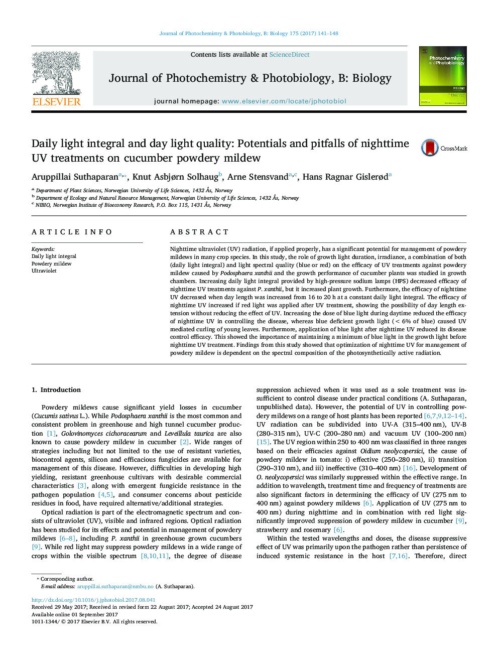 Daily light integral and day light quality: Potentials and pitfalls of nighttime UV treatments on cucumber powdery mildew