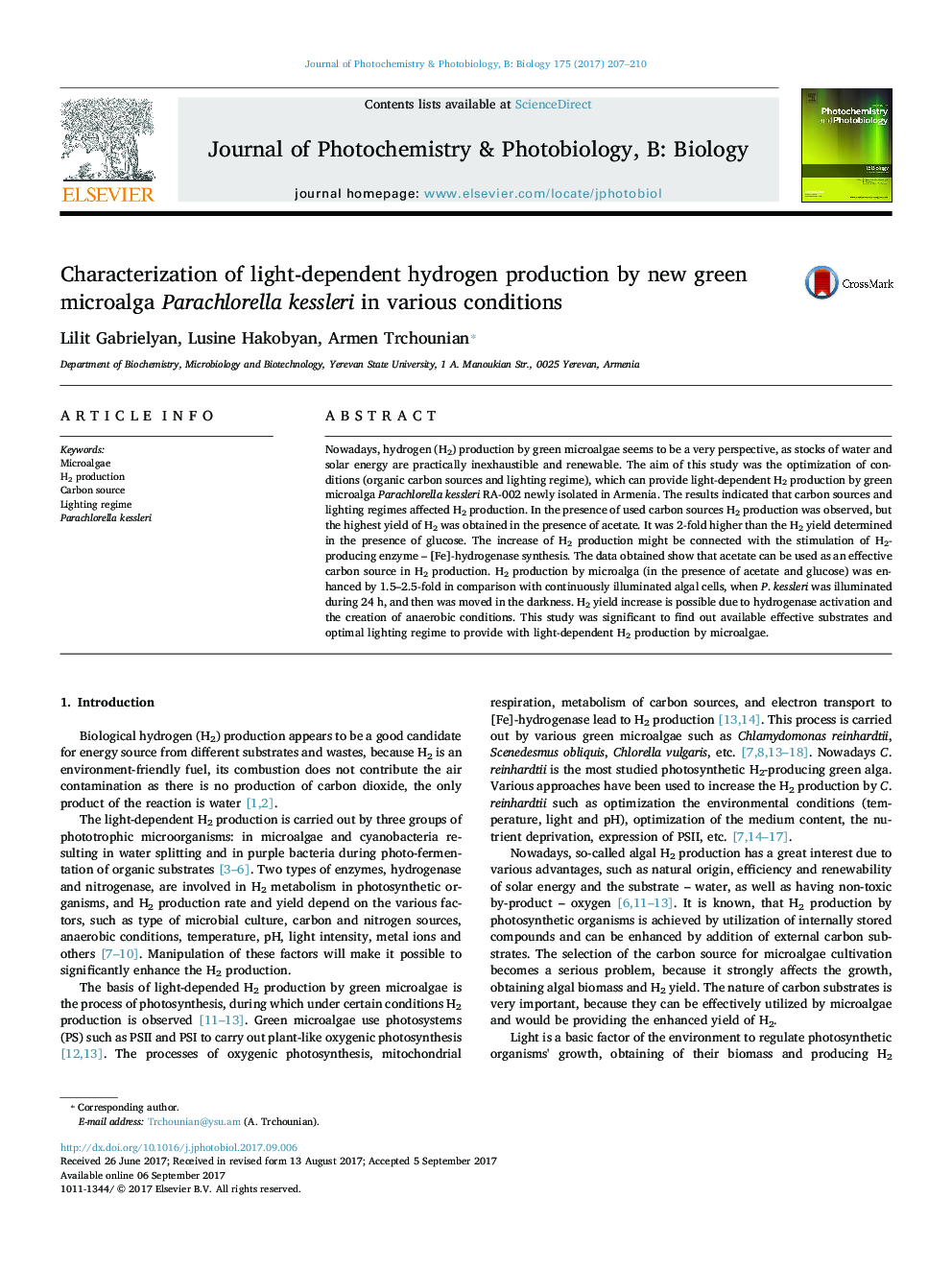 Characterization of light-dependent hydrogen production by new green microalga Parachlorella kessleri in various conditions