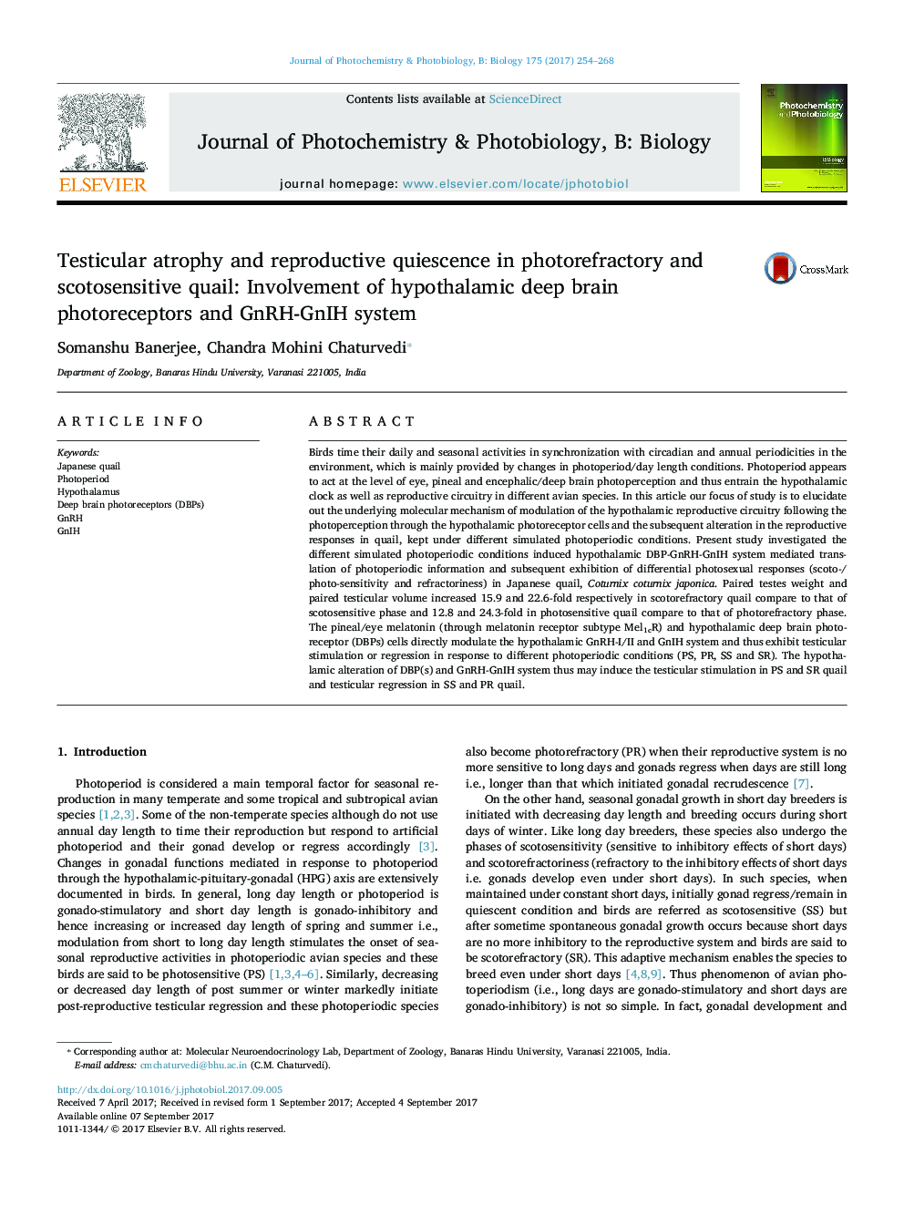 Testicular atrophy and reproductive quiescence in photorefractory and scotosensitive quail: Involvement of hypothalamic deep brain photoreceptors and GnRH-GnIH system