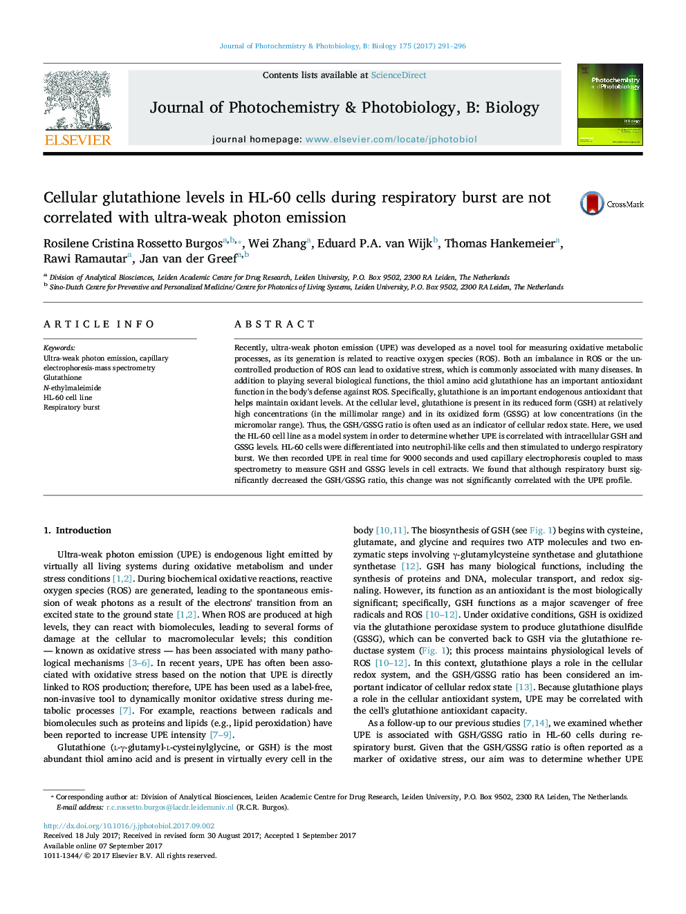 Cellular glutathione levels in HL-60 cells during respiratory burst are not correlated with ultra-weak photon emission