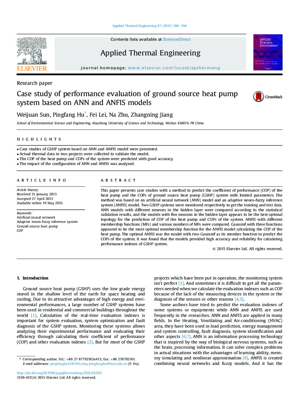 Case study of performance evaluation of ground source heat pump system based on ANN and ANFIS models