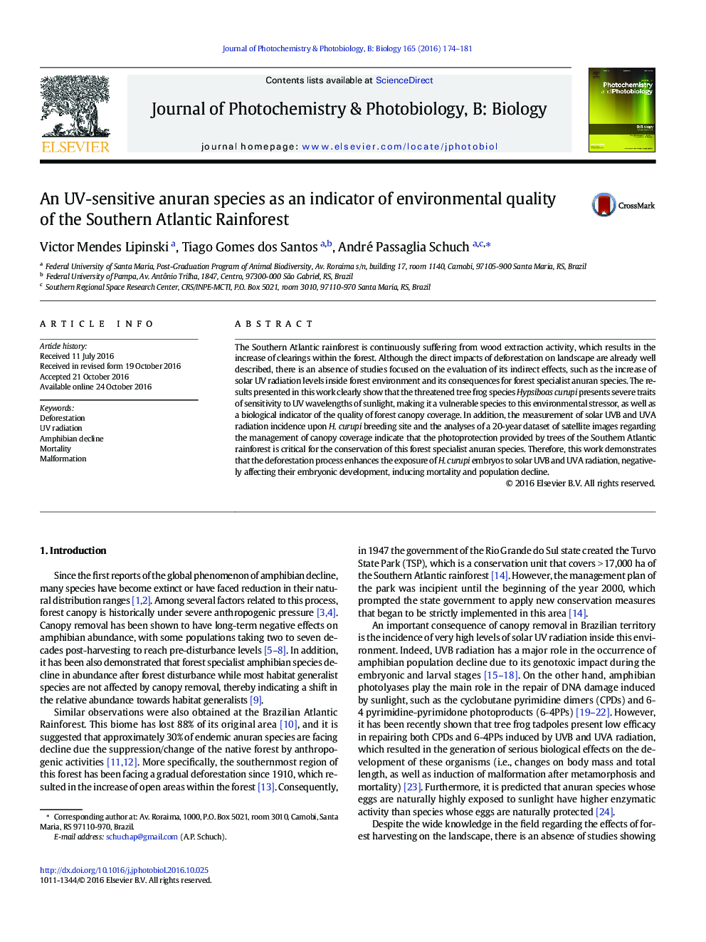 An UV-sensitive anuran species as an indicator of environmental quality of the Southern Atlantic Rainforest