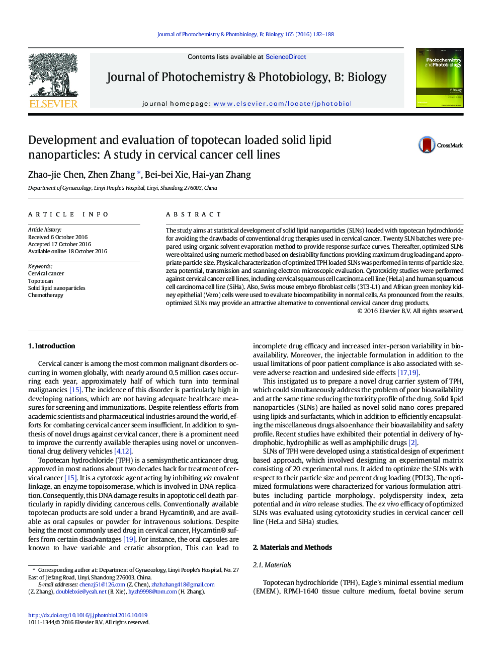 Development and evaluation of topotecan loaded solid lipid nanoparticles: A study in cervical cancer cell lines