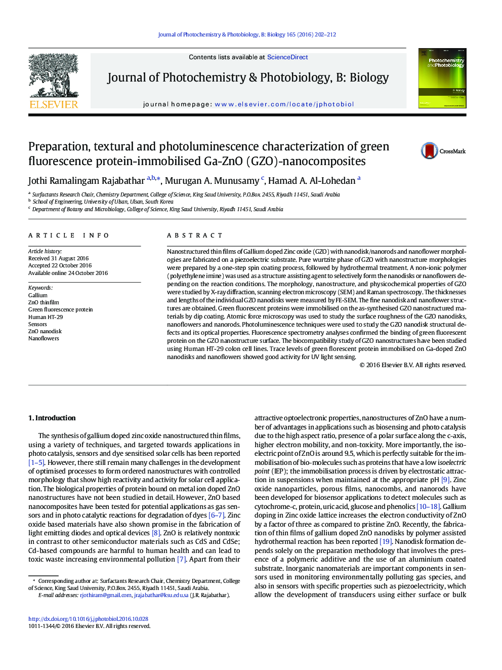 Preparation, textural and photoluminescence characterization of green fluorescence protein-immobilised Ga-ZnO (GZO)-nanocomposites