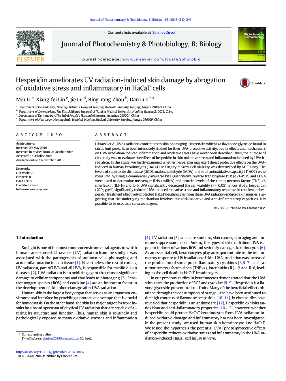 Hesperidin ameliorates UV radiation-induced skin damage by abrogation of oxidative stress and inflammatory in HaCaT cells