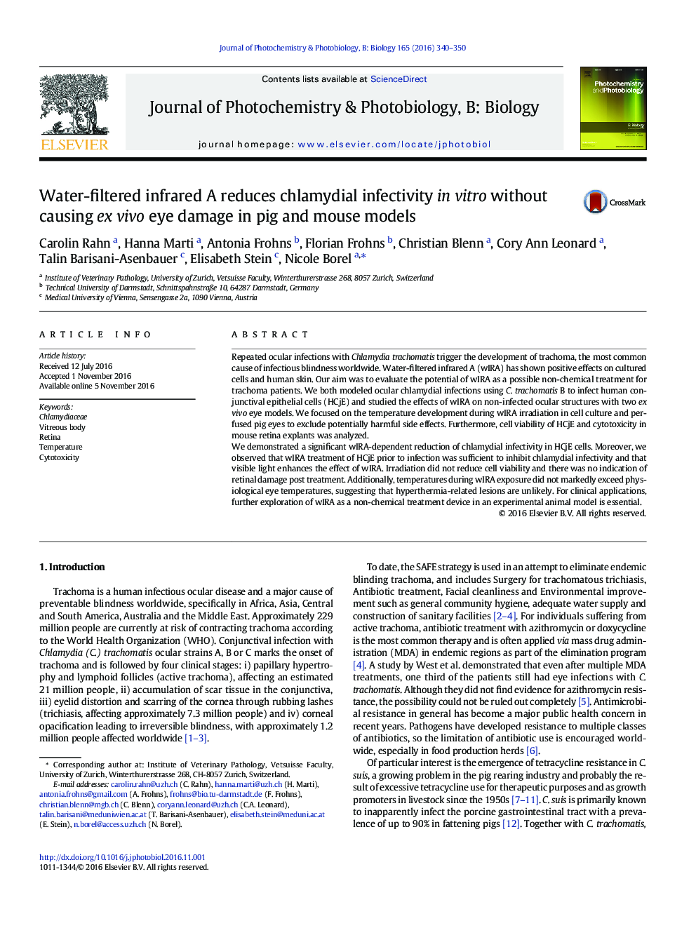 Water-filtered infrared A reduces chlamydial infectivity in vitro without causing ex vivo eye damage in pig and mouse models