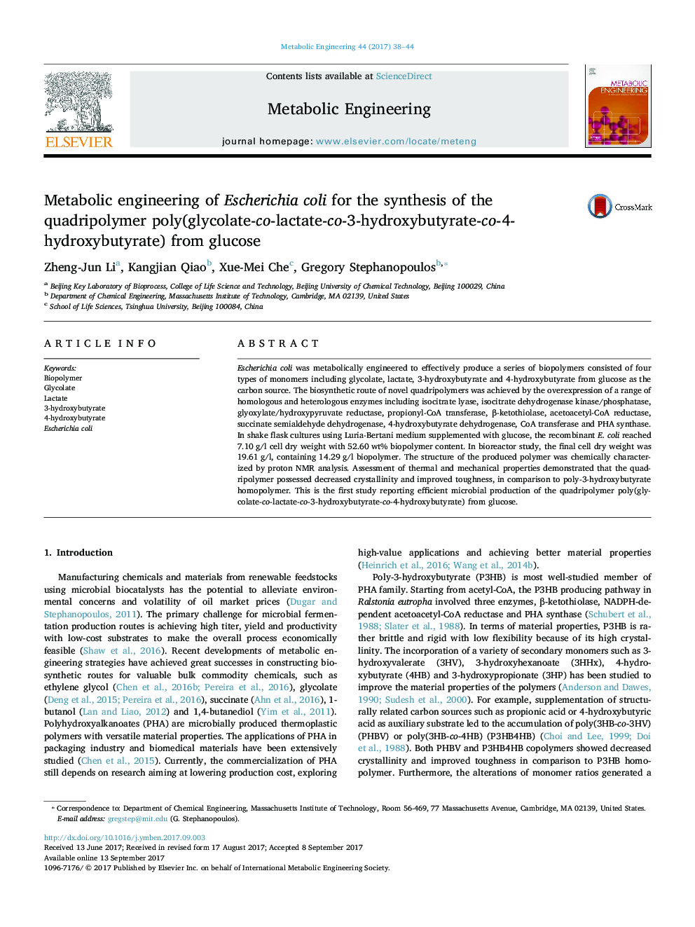 Metabolic engineering of Escherichia coli for the synthesis of the quadripolymer poly(glycolate-co-lactate-co-3-hydroxybutyrate-co-4-hydroxybutyrate) from glucose