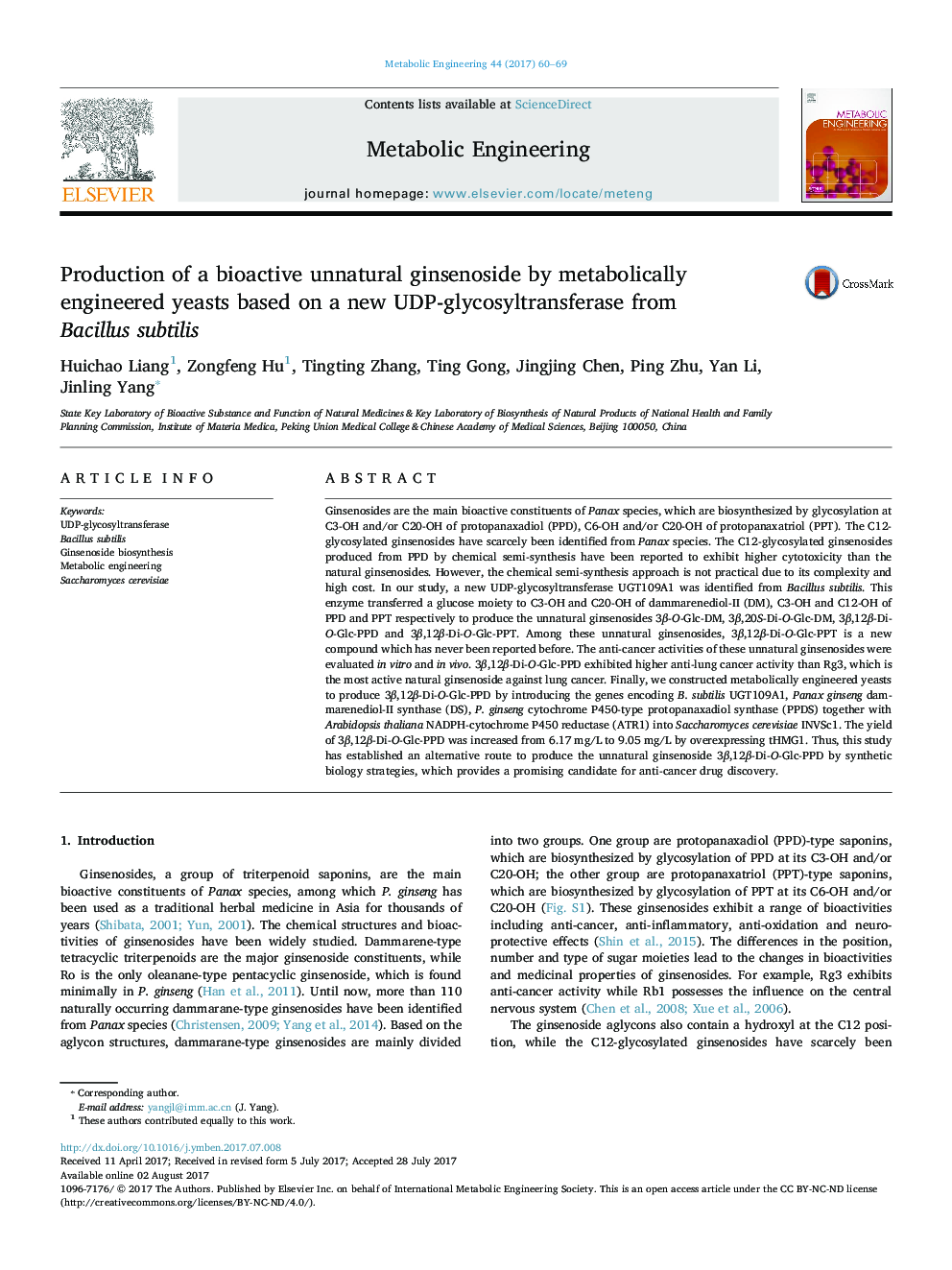 Production of a bioactive unnatural ginsenoside by metabolically engineered yeasts based on a new UDP-glycosyltransferase from Bacillus subtilis