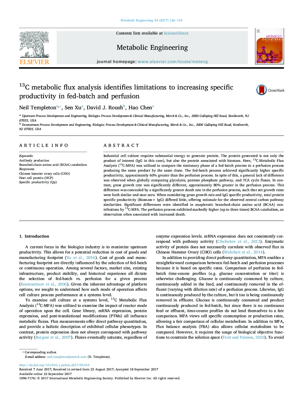 13C metabolic flux analysis identifies limitations to increasing specific productivity in fed-batch and perfusion