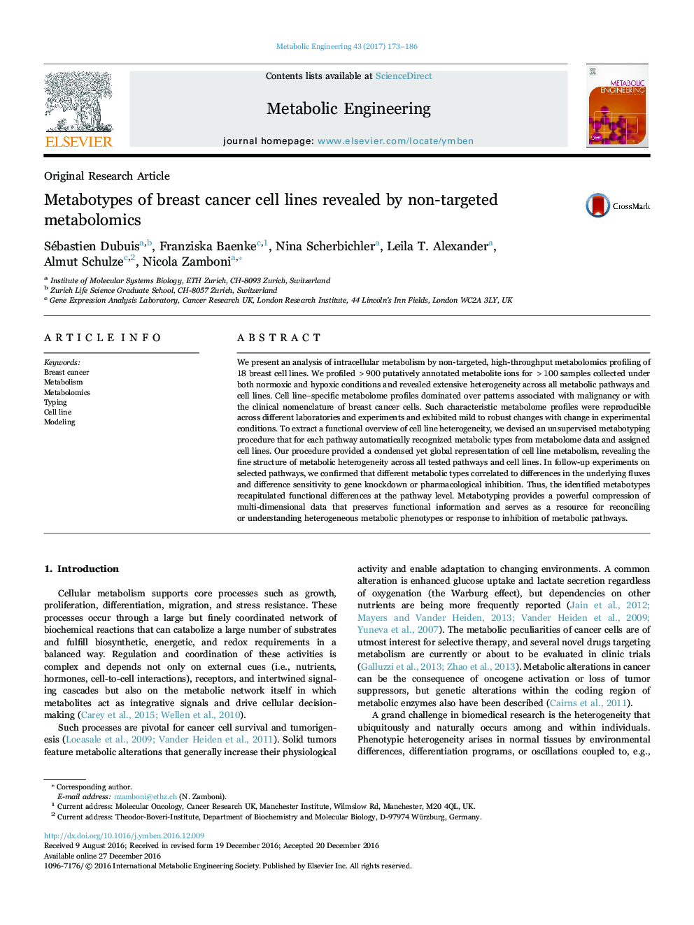 Original Research ArticleMetabotypes of breast cancer cell lines revealed by non-targeted metabolomics