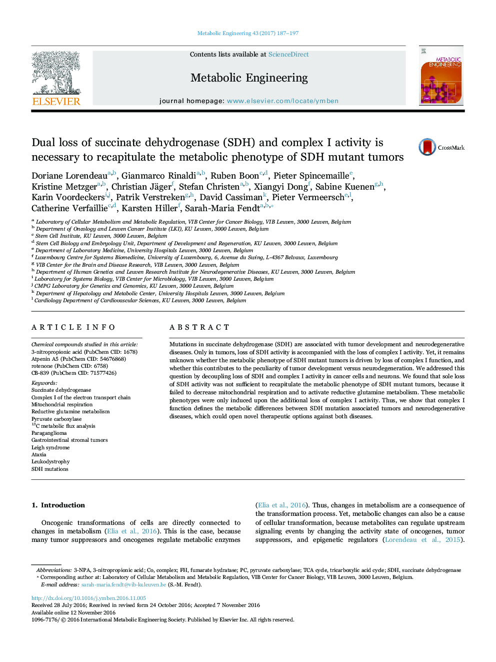 Dual loss of succinate dehydrogenase (SDH) and complex I activity is necessary to recapitulate the metabolic phenotype of SDH mutant tumors