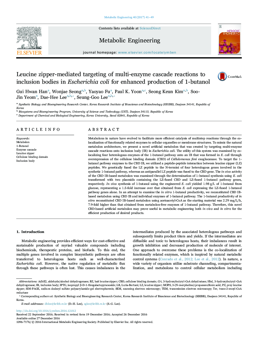 Leucine zipper-mediated targeting of multi-enzyme cascade reactions to inclusion bodies in Escherichia coli for enhanced production of 1-butanol