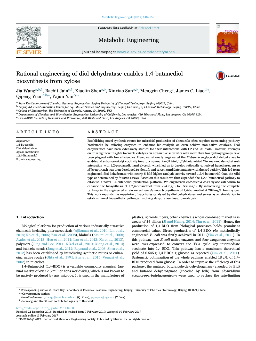 Rational engineering of diol dehydratase enables 1,4-butanediol biosynthesis from xylose