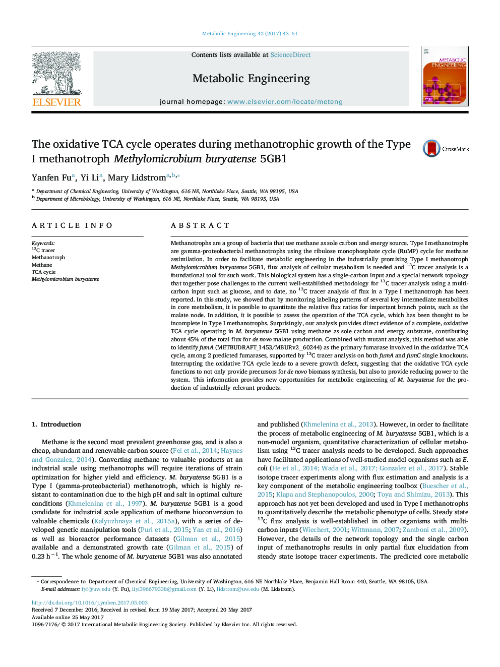 The oxidative TCA cycle operates during methanotrophic growth of the Type I methanotroph Methylomicrobium buryatense 5GB1