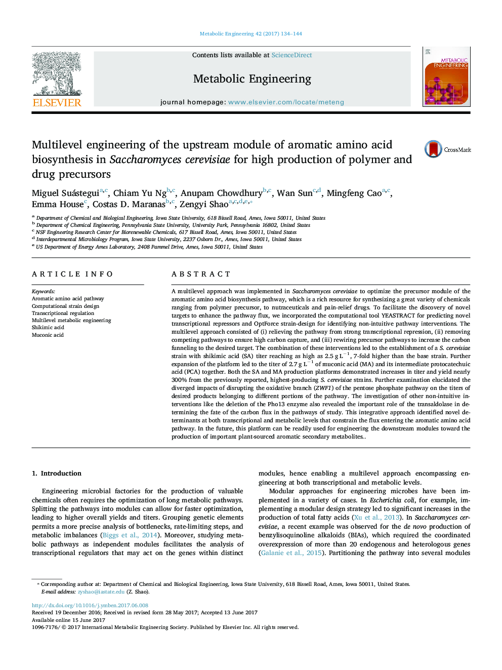 Multilevel engineering of the upstream module of aromatic amino acid biosynthesis in Saccharomyces cerevisiae for high production of polymer and drug precursors