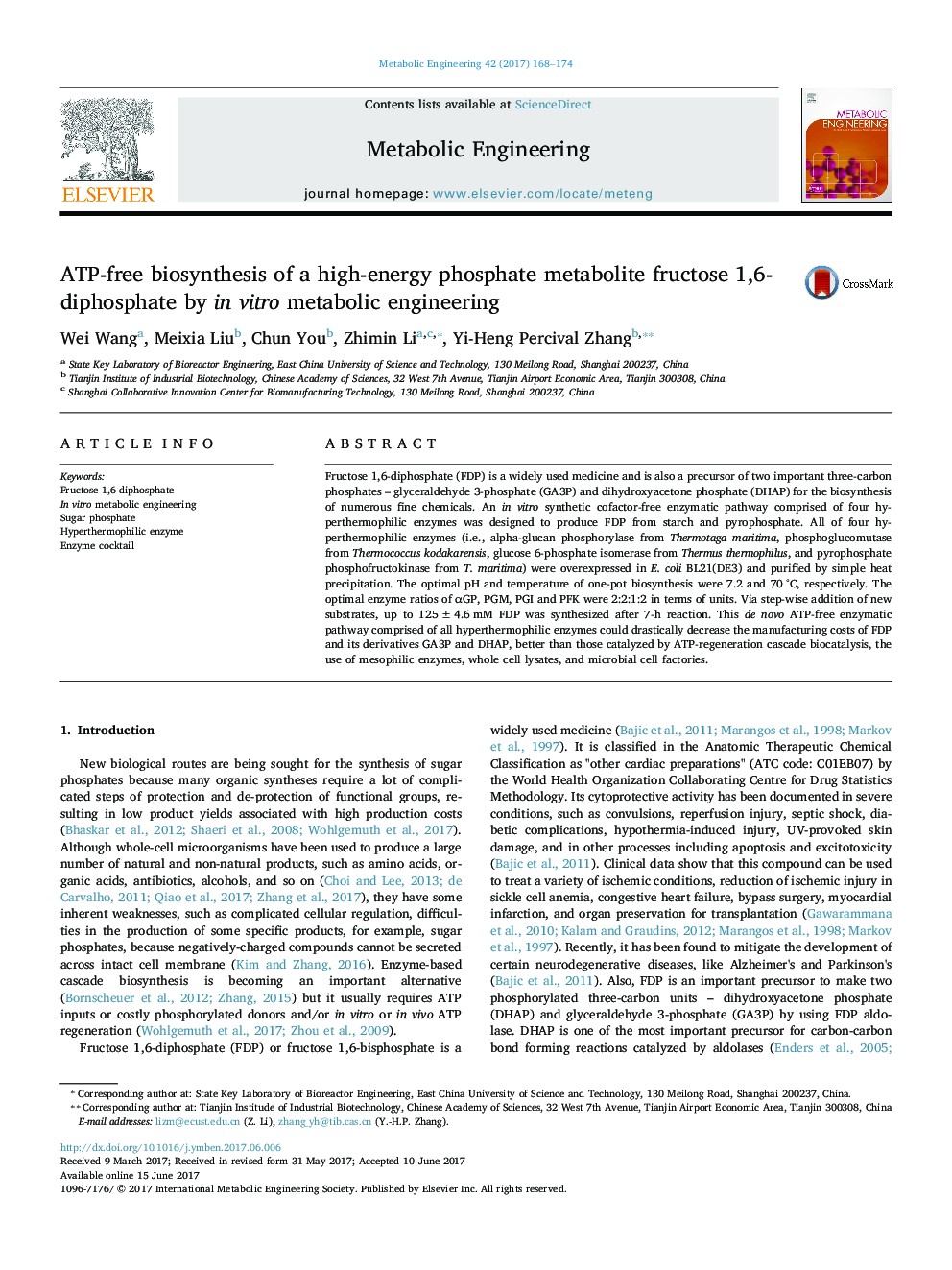 ATP-free biosynthesis of a high-energy phosphate metabolite fructose 1,6-diphosphate by in vitro metabolic engineering