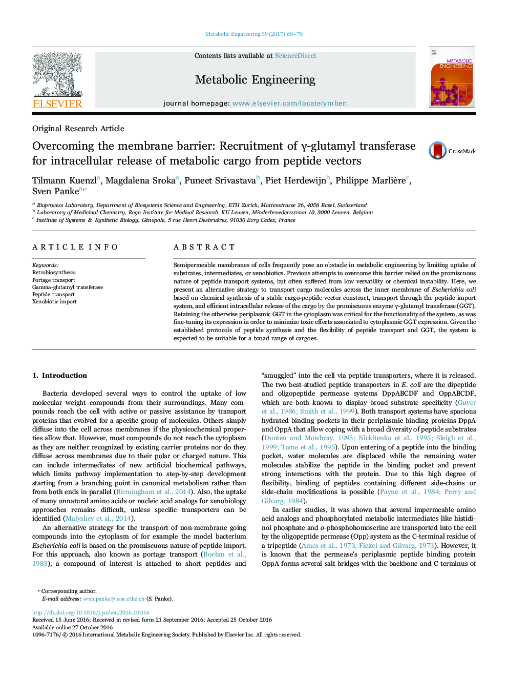 Original Research ArticleOvercoming the membrane barrier: Recruitment of Î³-glutamyl transferase for intracellular release of metabolic cargo from peptide vectors