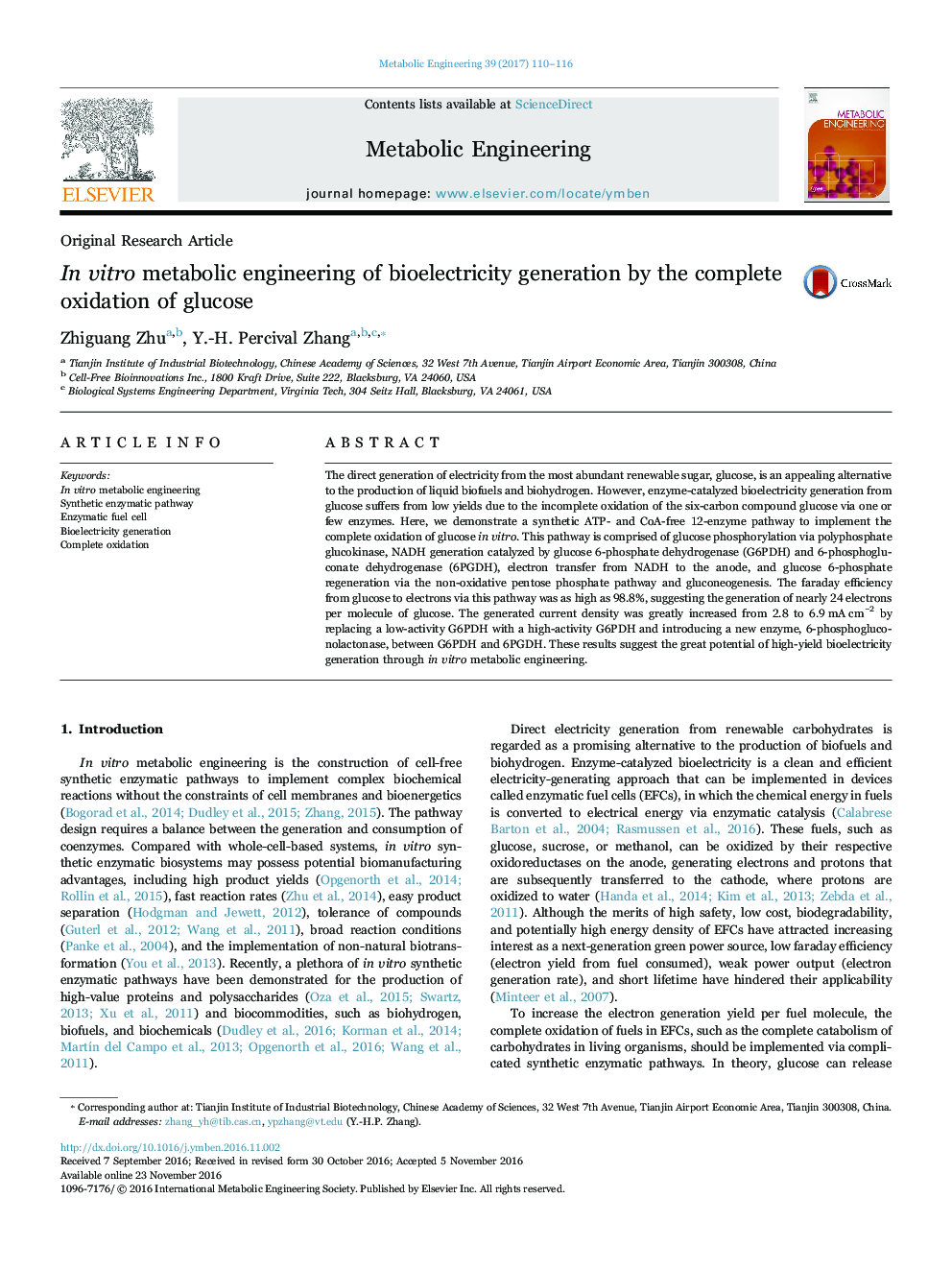 Original Research ArticleIn vitro metabolic engineering of bioelectricity generation by the complete oxidation of glucose