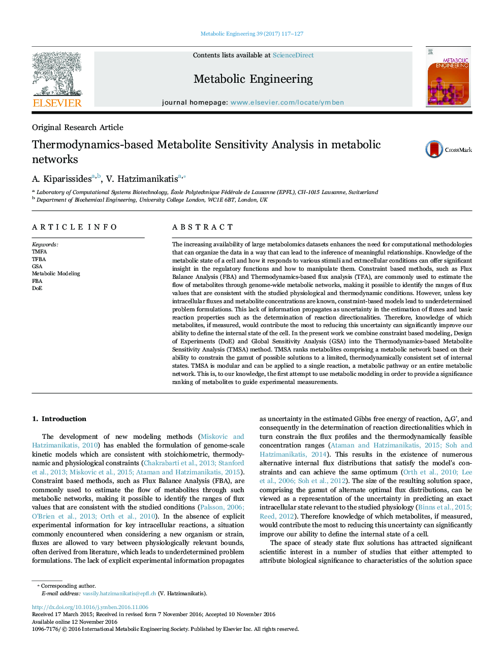 Original Research ArticleThermodynamics-based Metabolite Sensitivity Analysis in metabolic networks