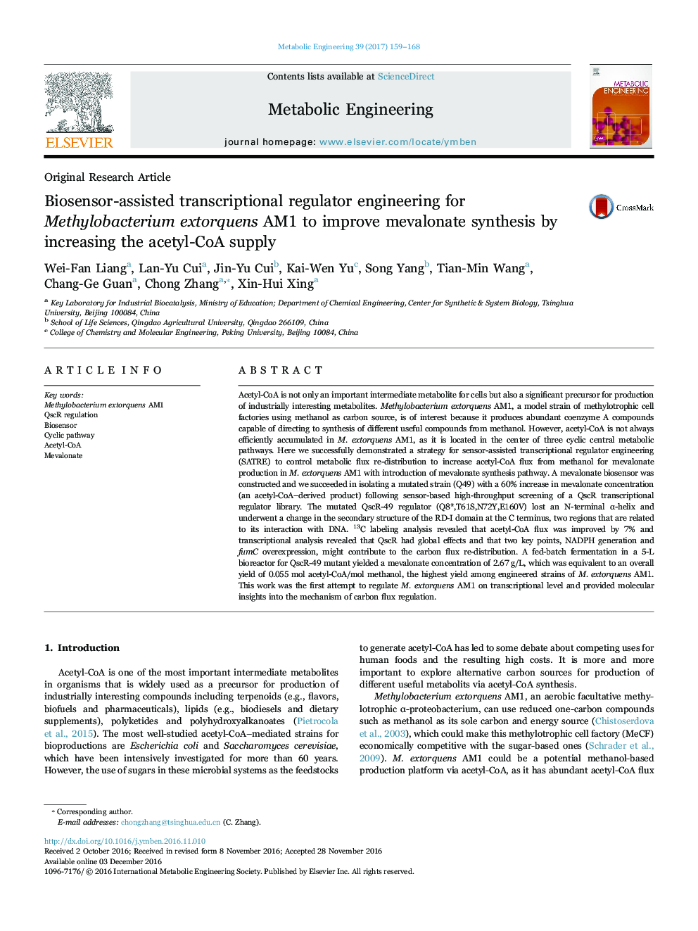 Original Research ArticleBiosensor-assisted transcriptional regulator engineering for Methylobacterium extorquens AM1 to improve mevalonate synthesis by increasing the acetyl-CoA supply