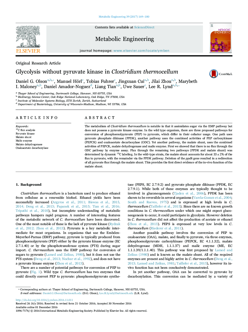 Glycolysis without pyruvate kinase in Clostridium thermocellum