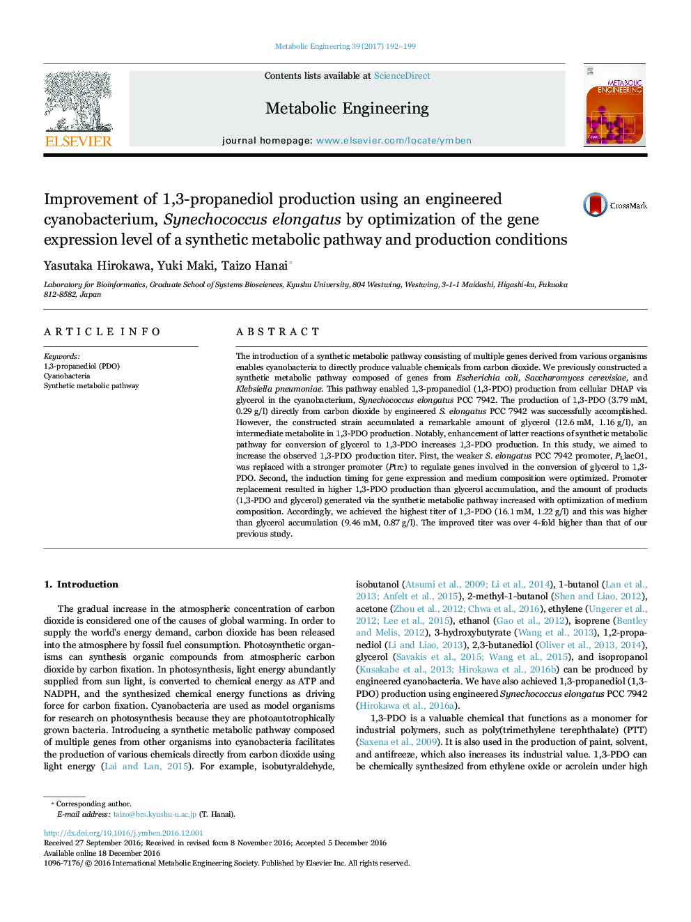 Improvement of 1,3-propanediol production using an engineered cyanobacterium, Synechococcus elongatus by optimization of the gene expression level of a synthetic metabolic pathway and production conditions