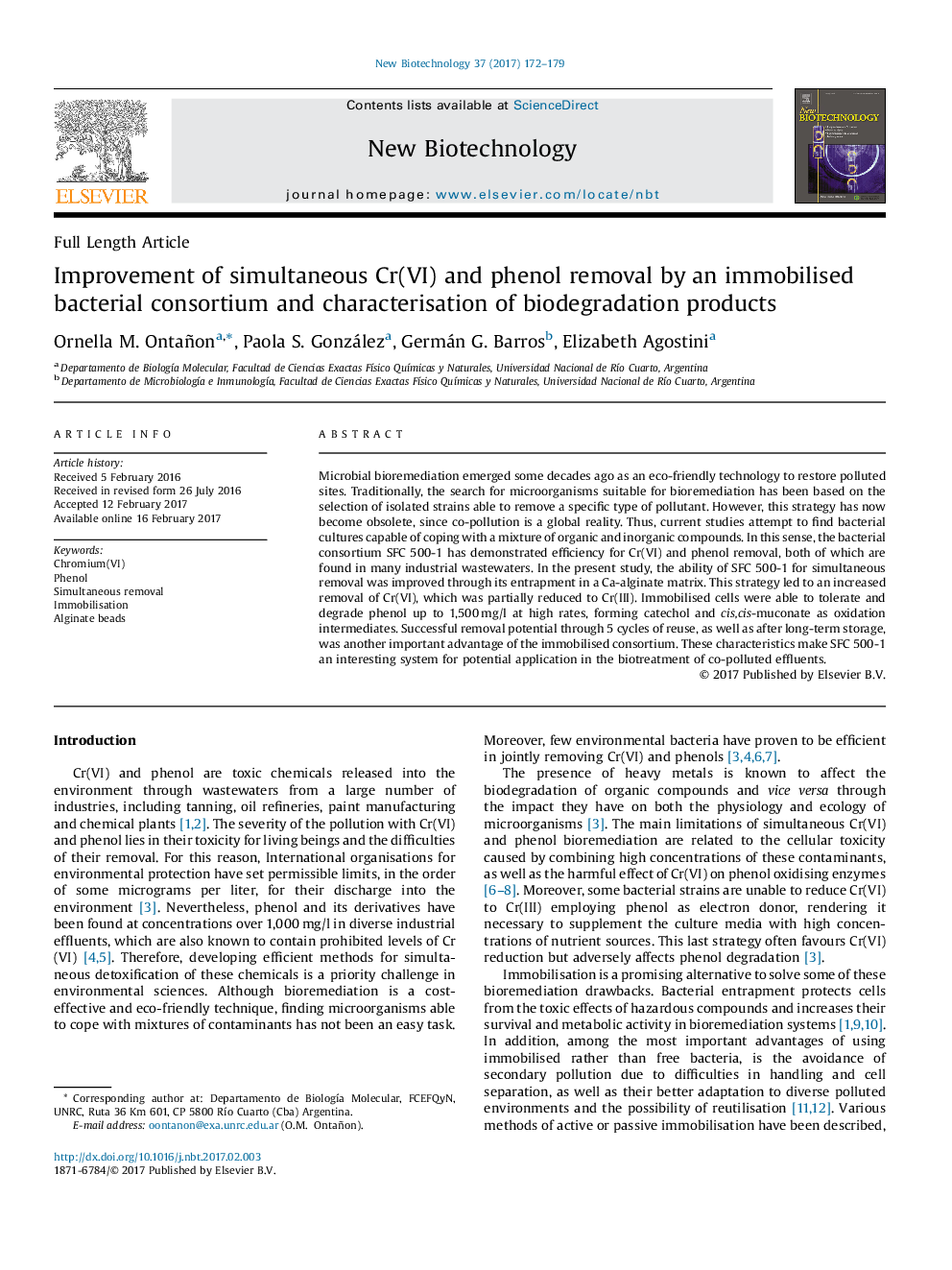 Full Length ArticleImprovement of simultaneous Cr(VI) and phenol removal by an immobilised bacterial consortium and characterisation of biodegradation products