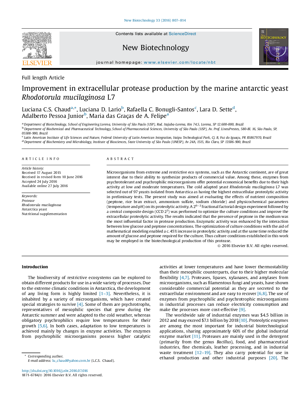 Full length ArticleImprovement in extracellular protease production by the marine antarctic yeast Rhodotorula mucilaginosa L7