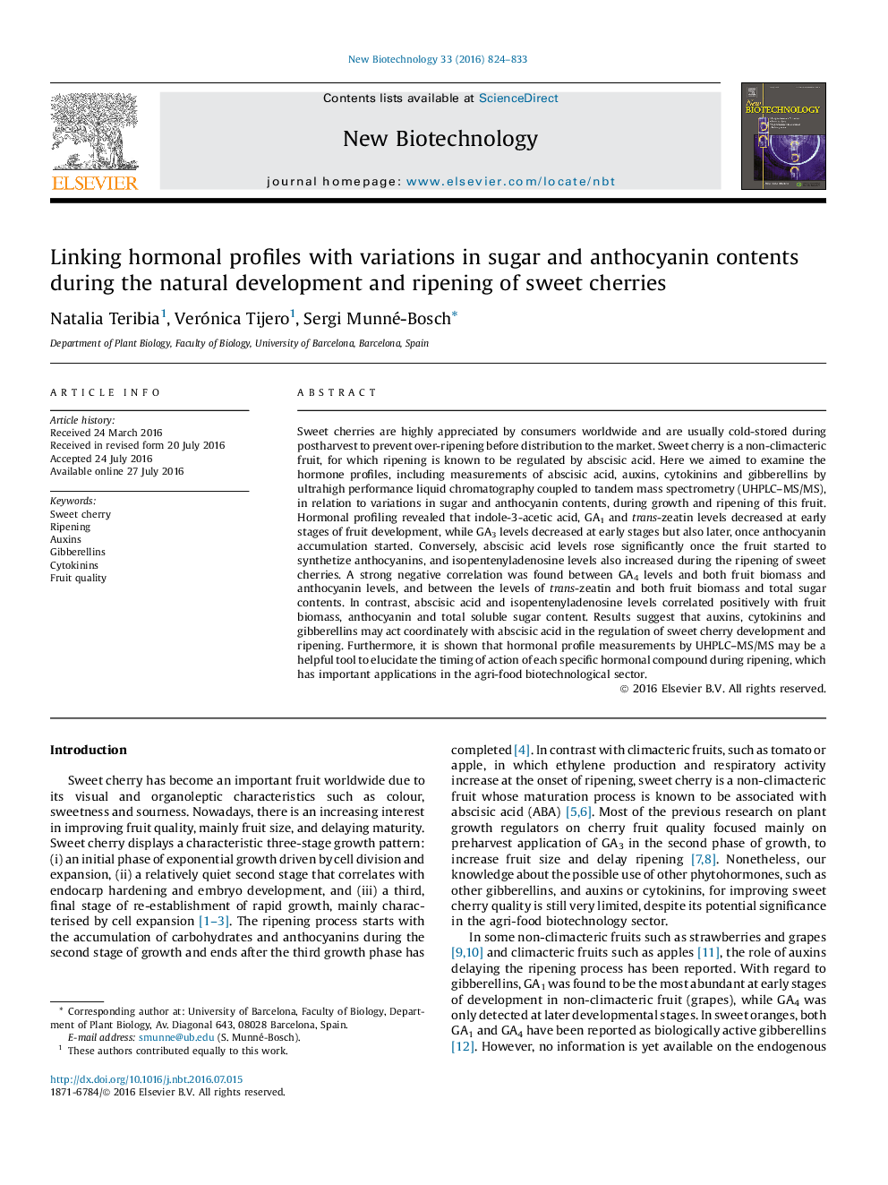 Linking hormonal profiles with variations in sugar and anthocyanin contents during the natural development and ripening of sweet cherries