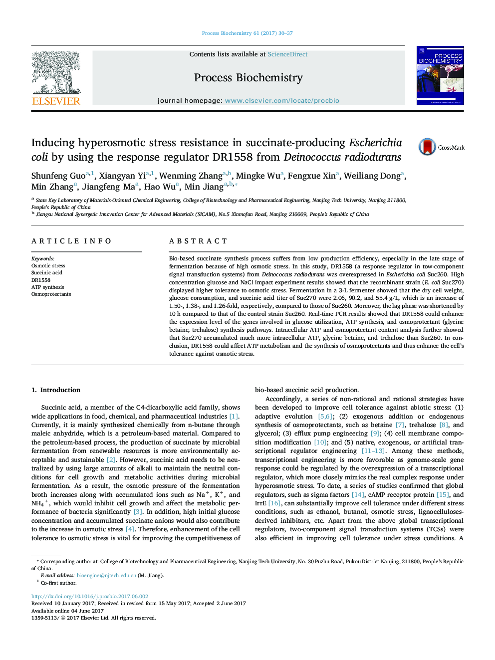 Inducing hyperosmotic stress resistance in succinate-producing Escherichia coli by using the response regulator DR1558 from Deinococcus radiodurans