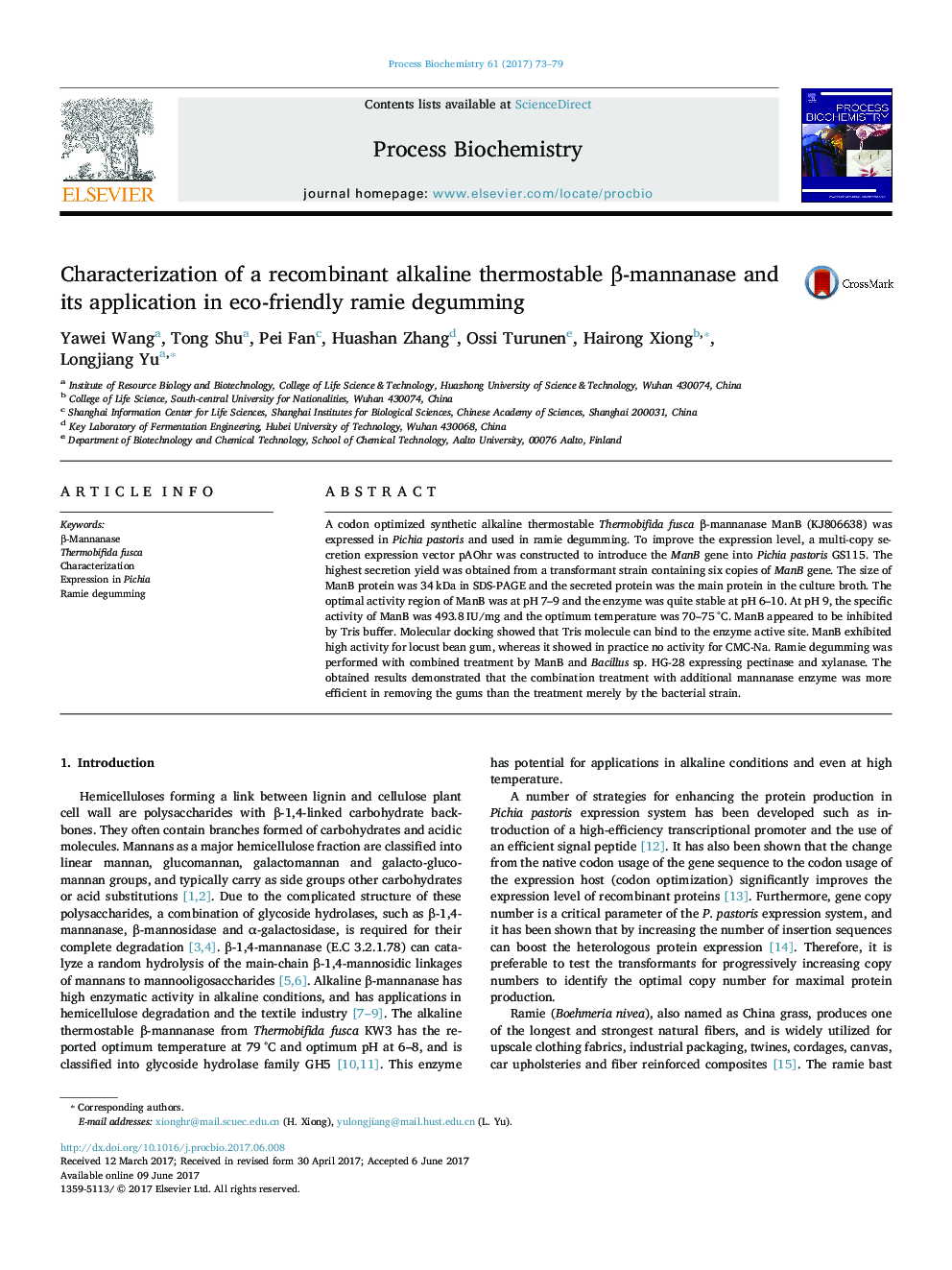 Characterization of a recombinant alkaline thermostable Î²-mannanase and its application in eco-friendly ramie degumming