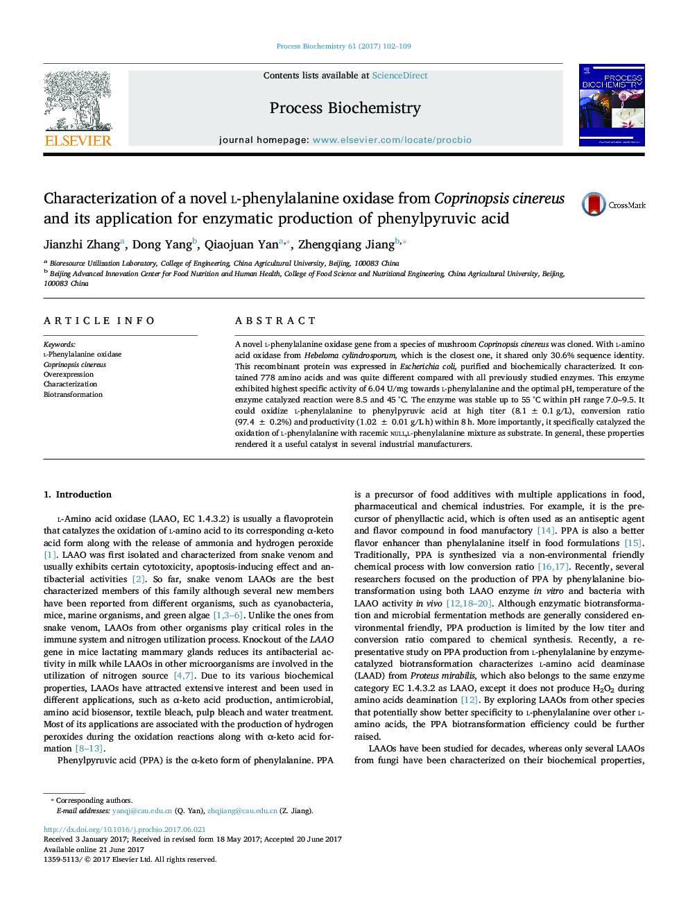 Characterization of a novel l-phenylalanine oxidase from Coprinopsis cinereus and its application for enzymatic production of phenylpyruvic acid